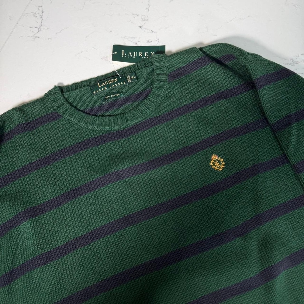 Lauren Ralph Lauren Men XL Green Navy Stripe Cotton Crewneck Sweater NWT
